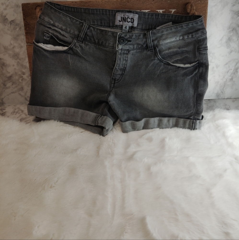 JNCO Washed Black Gray 100% Cotton Denim Rolled Cuff Jean Shorts Size 4